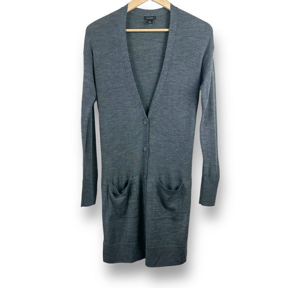 Halogen Women's Size S Longline Duster Cardigan Gray Merino Wool Blend Sweater